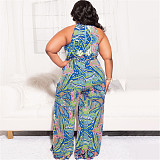 Abstract Print Sleeveless Wide Leg Plus Size Jumpsuits OSS-22235