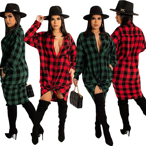 Long Sleeves Single-breasted Plaid Shirt Dress OSM-3329