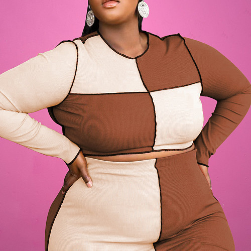 Plus Size Color Block Crop Top Party Maxi Skirt Set OSS-21418