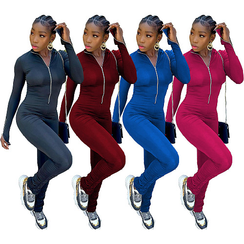 Solid Color Active Wear Zipper Pleated Jumpsuit WSM-5281