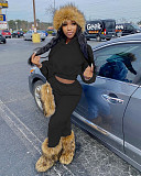 Solid Thicken Hoodie Crop Top Sweatpants Tracksuit WSM-5285