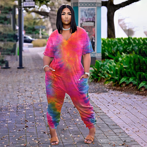 Fashion Tie-dye Print Short Sleeve V-neck Loose Jumpsuit BER-8061