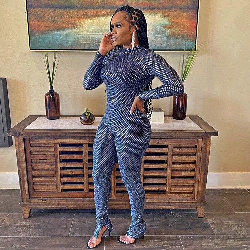 Long Sleeve O Neck Sequins Split Pencil Pants Set SH-390240