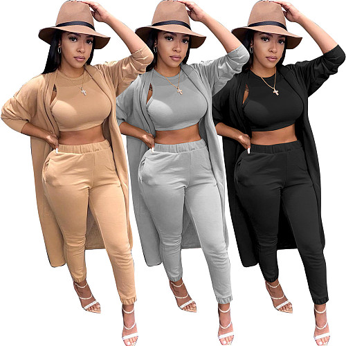 Sleeveless Crop Top+Cardigan Cover Coat+Pants Set HMS-5514