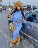 Solid Thicken Hoodie Crop Top Sweatpants Tracksuit WSM-5285