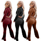 Velvet Zip Hooded Crop Top Flared Pants Set XMY-9341