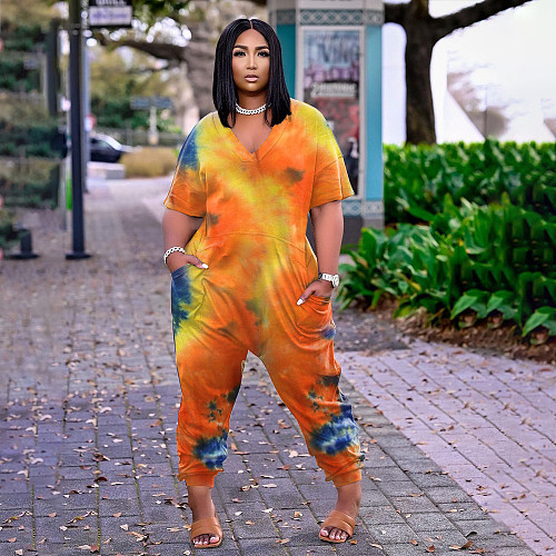 Fashion Tie-dye Print Short Sleeve V-neck Loose Jumpsuit BER-8061