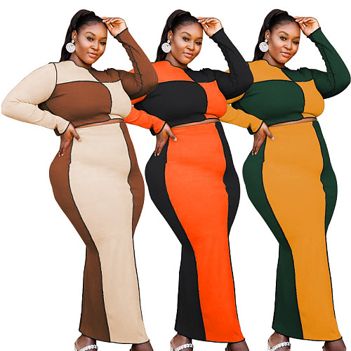 Plus Size Color Block Crop Top Party Maxi Skirt Set OSS-21418