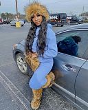 Solid Thicken Hoodie Crop Top Sweatpants Tracksuit WSM-5285
