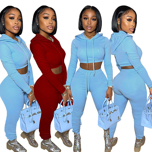 Hooded Long Sleeve Crop Tops Long Pants Tracksuit LM-8286
