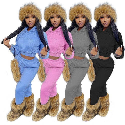 Solid Thicken Hoodie Crop Top Sweatpants Tracksuit WSM-5285