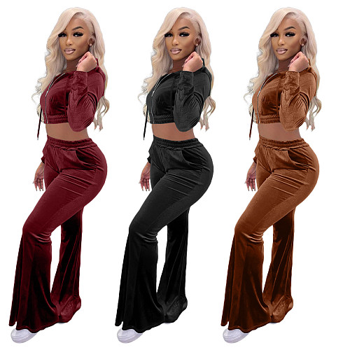 Velvet Zip Hooded Crop Top Flared Pants Set XMY-9341