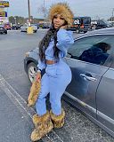 Solid Thicken Hoodie Crop Top Sweatpants Tracksuit WSM-5285