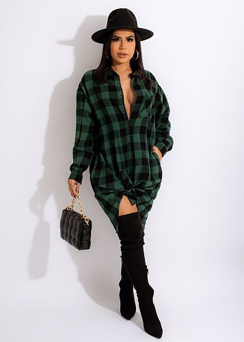 Long Sleeves Single-breasted Plaid Shirt Dress OSM-3329