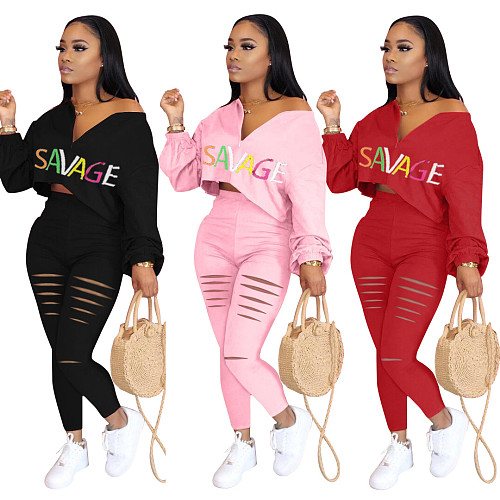 Monogrammed Long-sleeved T-shirt Torn Trousers Two-piece Suit WSM-5177
