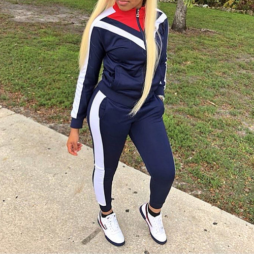 Winter Color Block Splicing Zipper Coat Leggings Tracksuit YMT-6032