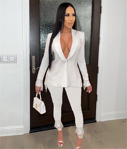 Office Lady Tassel Long Sleeve Blazer Pencil Pants Suit DAI-8399