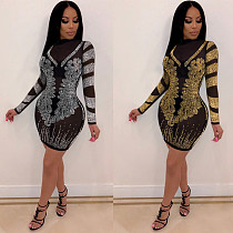 Sexy Long Sleeve Mesh See-through Hot Drill Mini Dress NY-8936