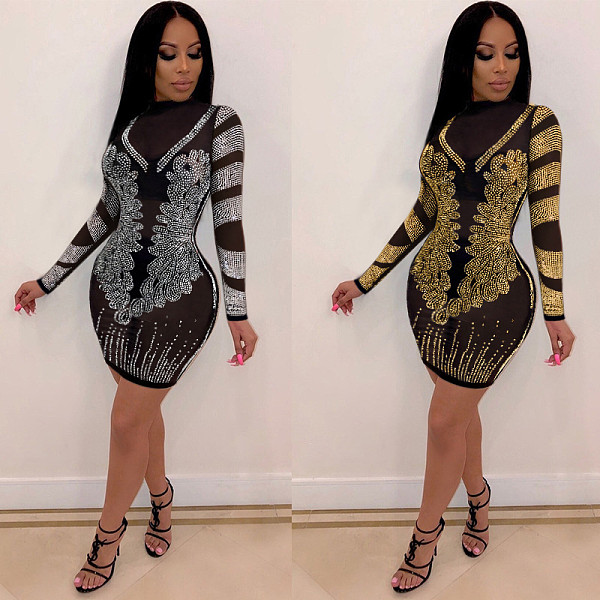 Sexy Long Sleeve Mesh See-through Hot Drill Mini Dress NY-8936