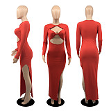 Elegant Cut Out Long Sleeve High Slit Evening Dress YB-6110