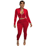 Velvet Zip Jacket Crop Tops Jogging Pants Two Piece Set YD-8652