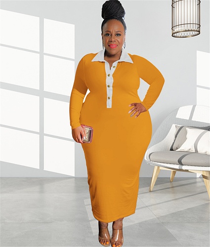Plus Size Polo Neck Long Sleeve Maxi Pencil Dress OSS-22517