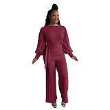Lantern Sleeve Tshirt Wide-leg Long Pants Two Piece Set NIYA-8120