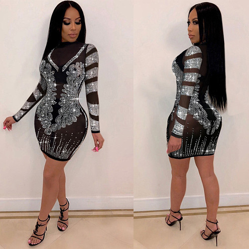 Sexy Long Sleeve Mesh See-through Hot Drill Mini Dress NY-8936