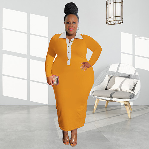Plus Size Polo Neck Long Sleeve Maxi Pencil Dress OSS-22517