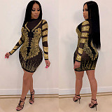 Sexy Long Sleeve Mesh See-through Hot Drill Mini Dress NY-8936