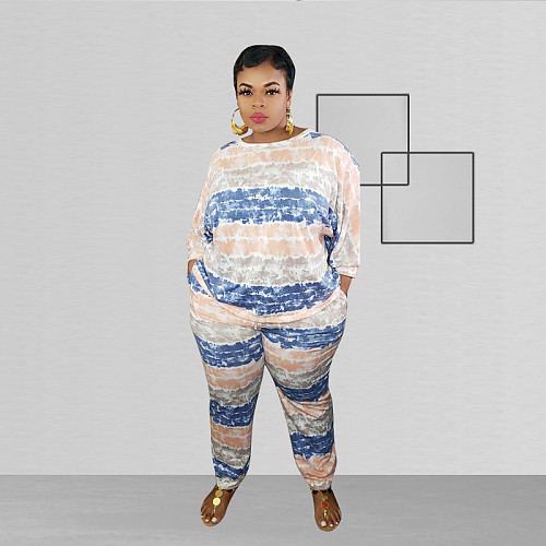 Stripe Printed Loose-fitting Plus Size Two-piece Pant Set OSS-20849