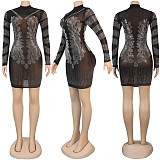 Sexy Long Sleeve Mesh See-through Hot Drill Mini Dress NY-8936
