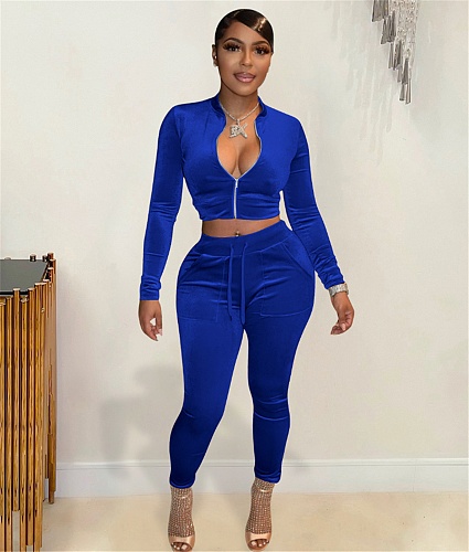 Velvet Zip Jacket Crop Tops Jogging Pants Two Piece Set YD-8652