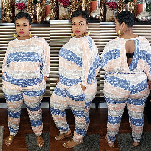 Stripe Printed Loose-fitting Plus Size Two-piece Pant Set OSS-20849