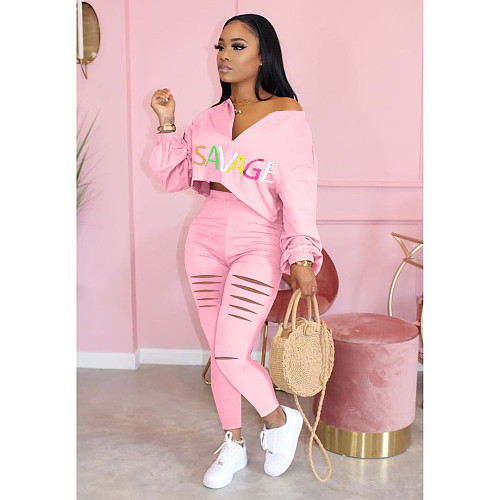 Monogrammed Long-sleeved T-shirt Torn Trousers Two-piece Suit WSM-5177