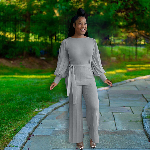 Lantern Sleeve Tshirt Wide-leg Long Pants Two Piece Set NIYA-8120