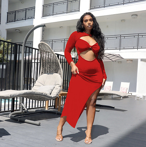 Elegant Cut Out Long Sleeve High Slit Evening Dress YB-6110