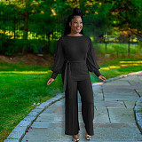 Lantern Sleeve Tshirt Wide-leg Long Pants Two Piece Set NIYA-8120