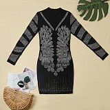 Sexy Long Sleeve Mesh See-through Hot Drill Mini Dress NY-8936