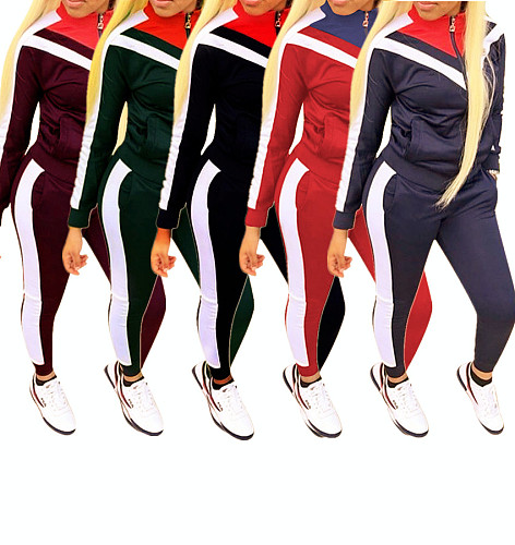 Winter Color Block Splicing Zipper Coat Leggings Tracksuit YMT-6032