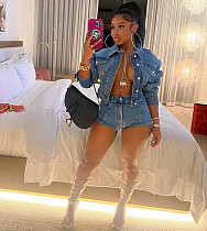 Turn Down Collar Short Jacket And Shorts Denim Suits MEM-88454