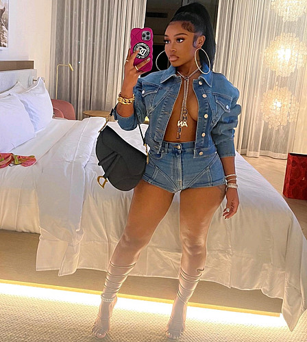Turn Down Collar Short Jacket And Shorts Denim Suits MEM-88454
