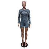 Long Sleeve Turn-down Collar Elastic Short Cotton Jumpsuit Romper MEM-88538