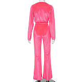 Women Velvet Drawstring Zipper Cop Top And Wide-leg Pants 2 Piece Suits MXXB-K23ST564