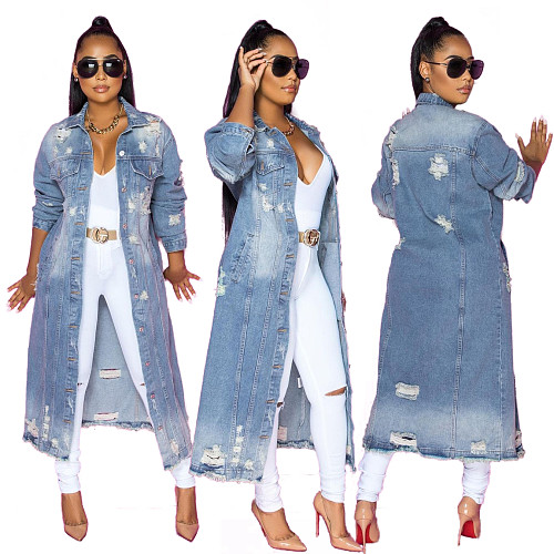 Women's Full Sleeve Outwear Ripped Loose Long Denim Coat LX-6083