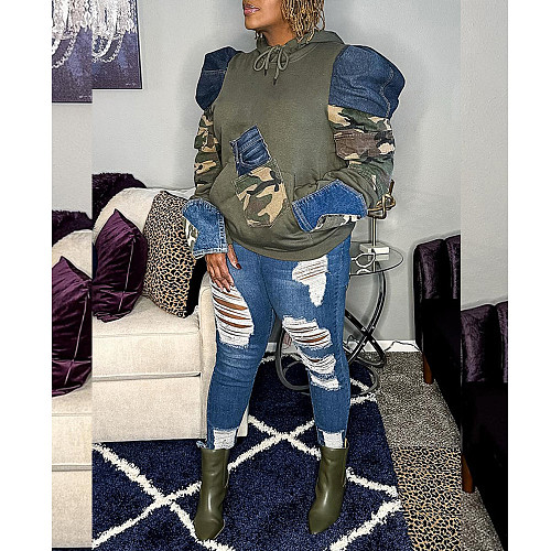 Women Patchwork Long Sleeves Large Pocket Camouflage Hoodie GT-9162