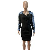 Women Denim Patchwork Long-sleeved Slim Mini Dresses GT-9161