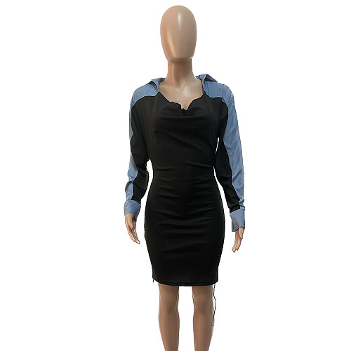 Women Denim Patchwork Long-sleeved Slim Mini Dresses GT-9161