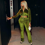 Women Velvet Drawstring Zipper Cop Top And Wide-leg Pants 2 Piece Suits MXXB-K23ST564