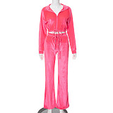 Women Velvet Drawstring Zipper Cop Top And Wide-leg Pants 2 Piece Suits MXXB-K23ST564